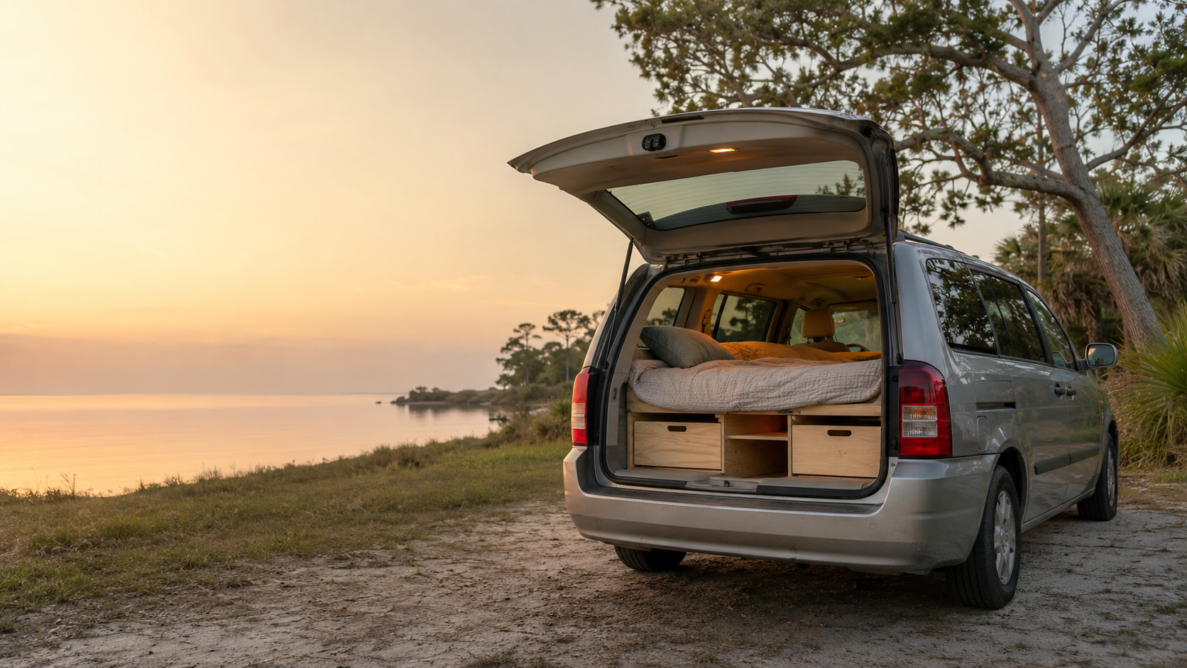 Concept of a minivan camper beside the water at sunset